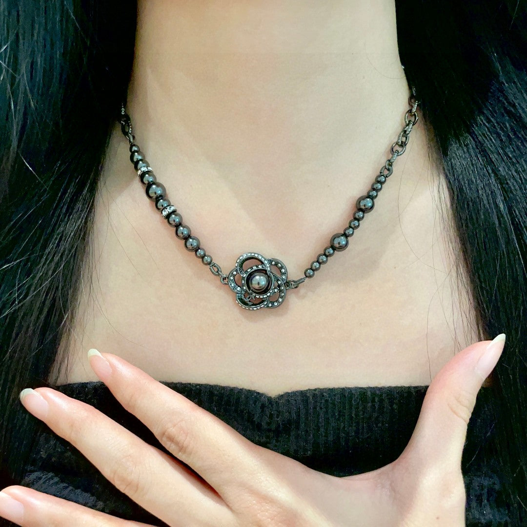 Camellia Pendant Necklace in Black-Tone front product view