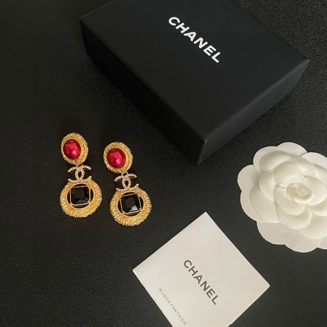 Double-C Emblem Crystal-Accent Statement Earrings – Design 017 close-up detail