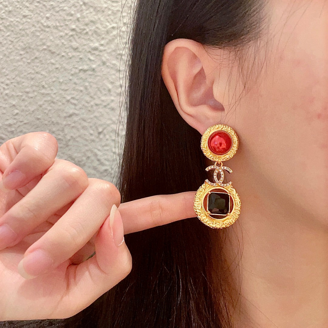 Double-C Emblem Crystal-Accent Statement Earrings – Design 017 front product view