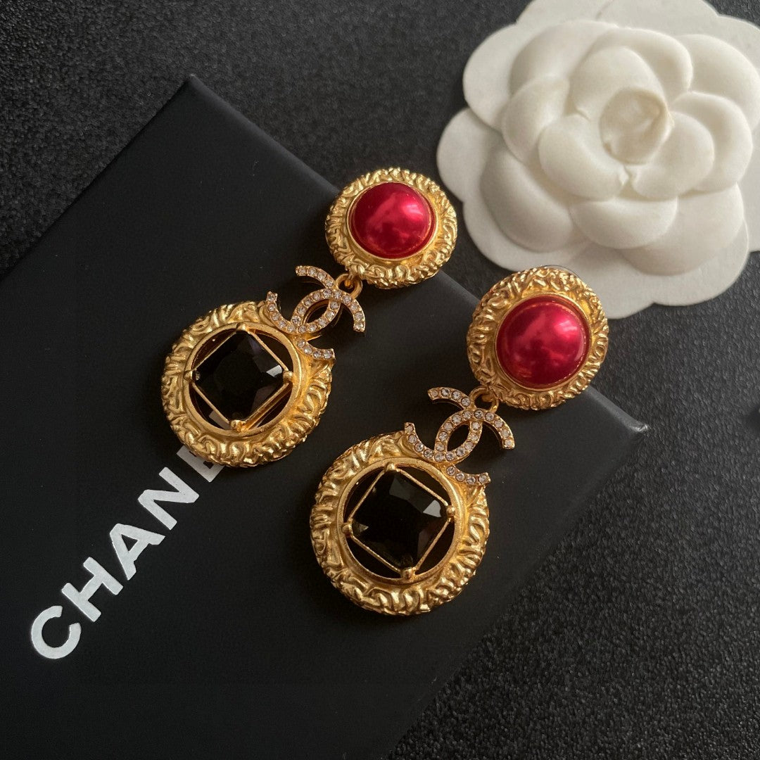 Double-C Emblem Crystal-Accent Statement Earrings – Design 017 detail view
