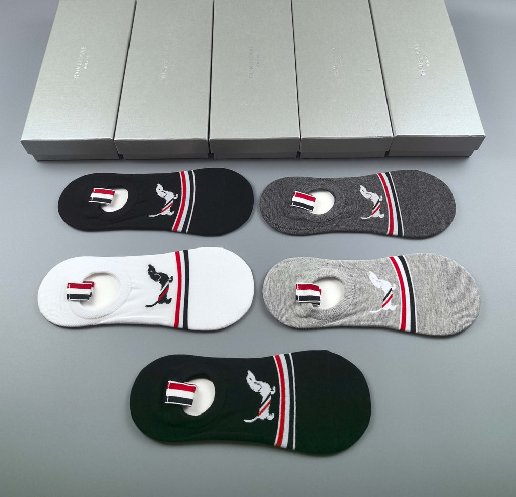 Thom Browne Cotton Visible Branded Cuff Or Emblem Details No-Show Socks - 5-Pair Set