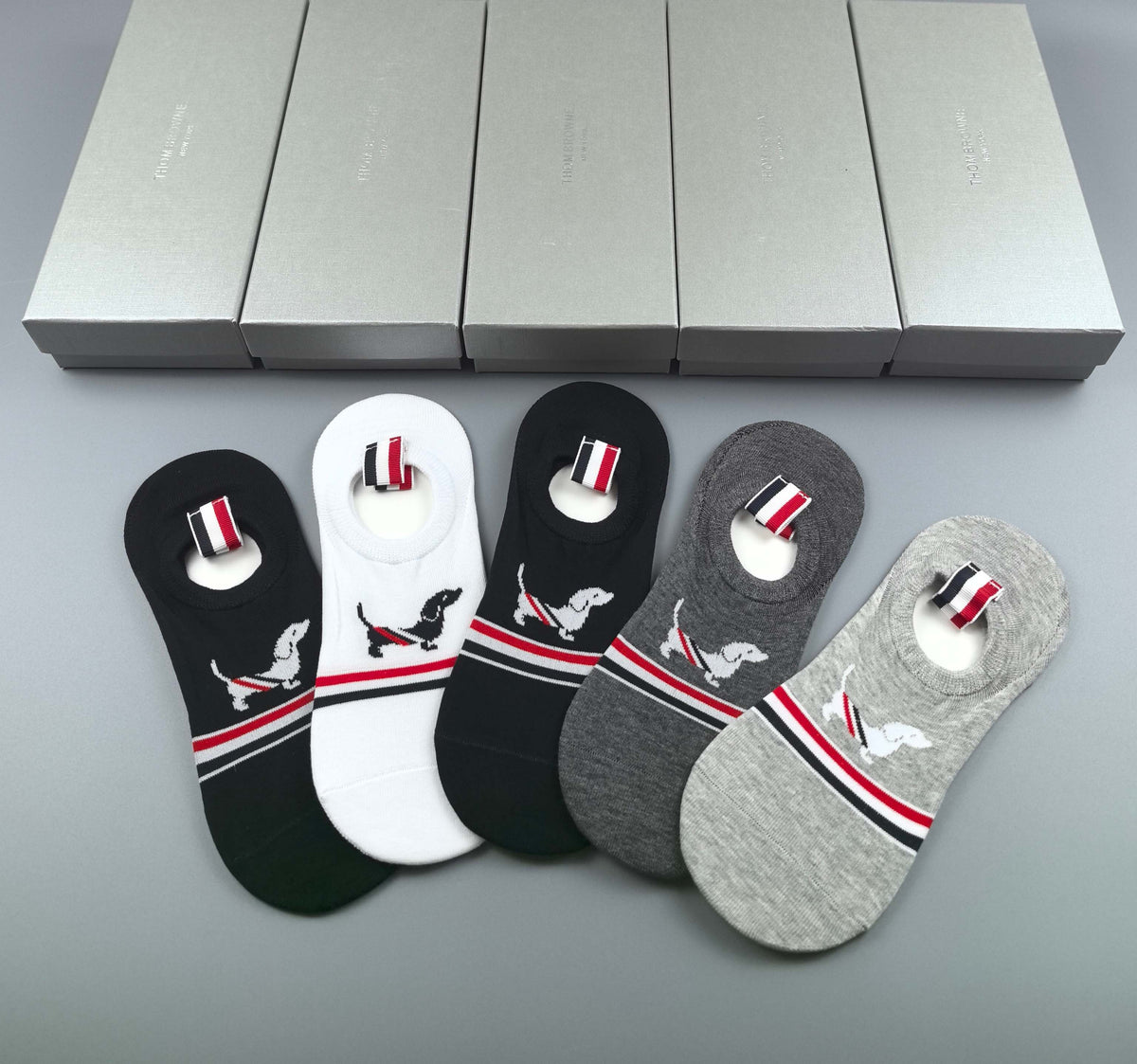 Thom Browne Cotton Visible Branded Cuff Or Emblem Details No-Show Socks - 5-Pair Set