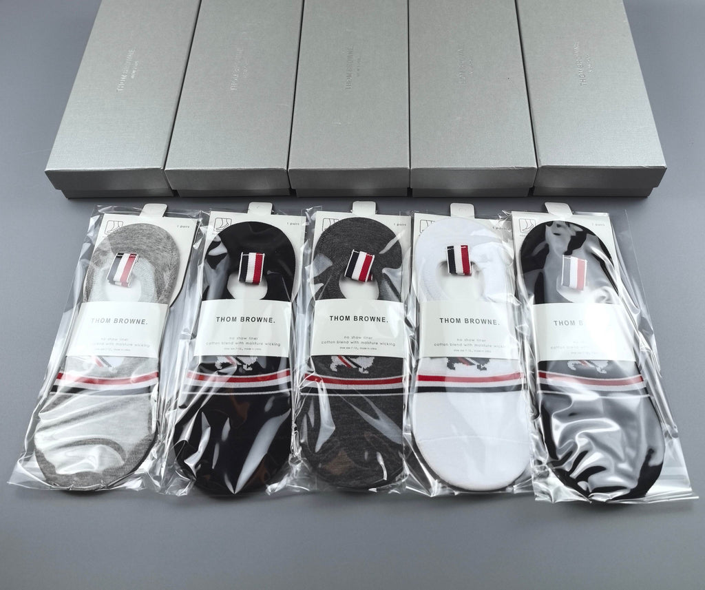Thom Browne Cotton Visible Branded Cuff Or Emblem Details No-Show Socks - 5-Pair Set