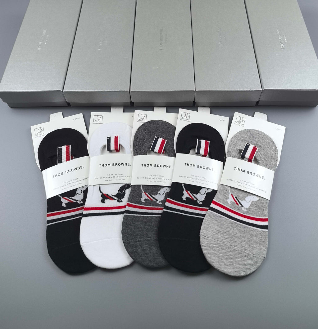Thom Browne Cotton Visible Branded Cuff Or Emblem Details No-Show Socks - 5-Pair Set