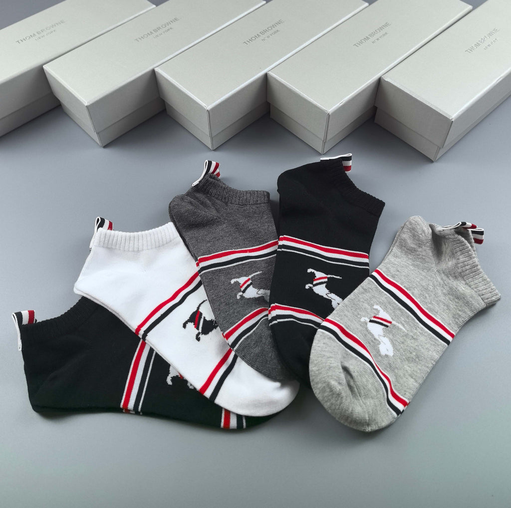 Thom Browne Cotton Visible Branded Cuff Or Emblem Details No-Show Socks - 5-Pair Set