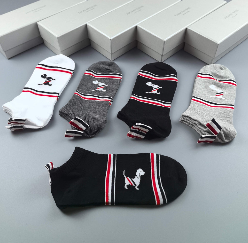 Thom Browne Cotton Visible Branded Cuff Or Emblem Details No-Show Socks - 5-Pair Set