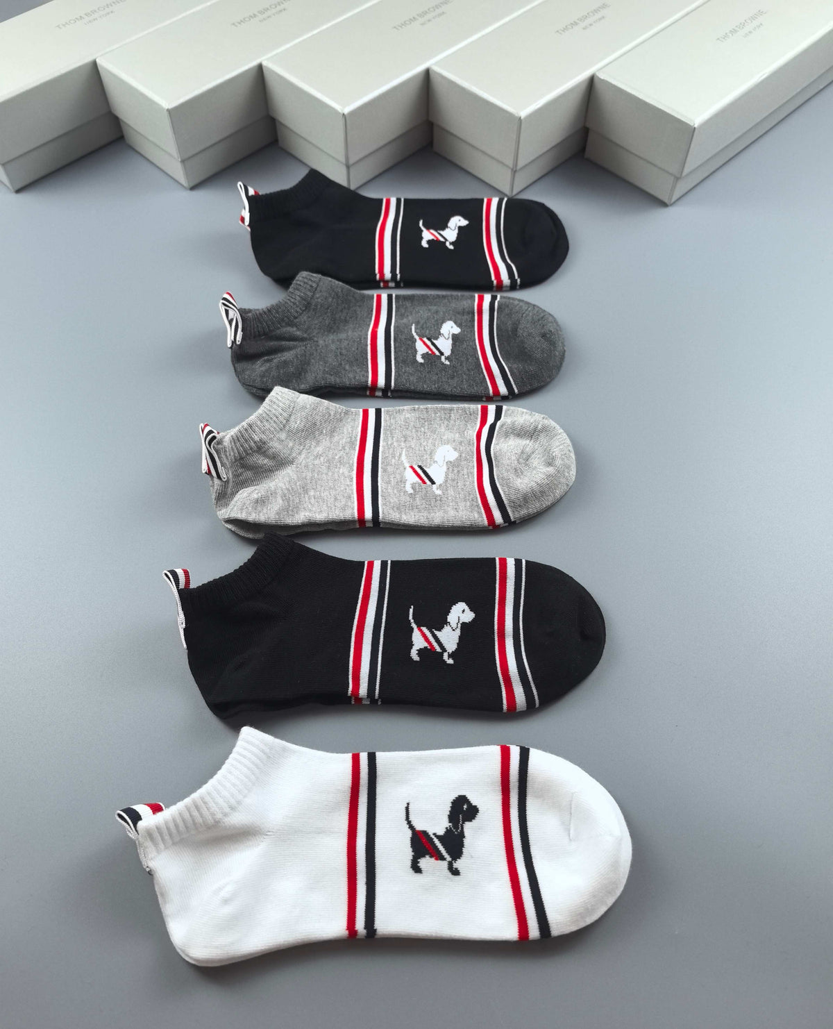 Thom Browne Cotton Visible Branded Cuff Or Emblem Details No-Show Socks - 5-Pair Set