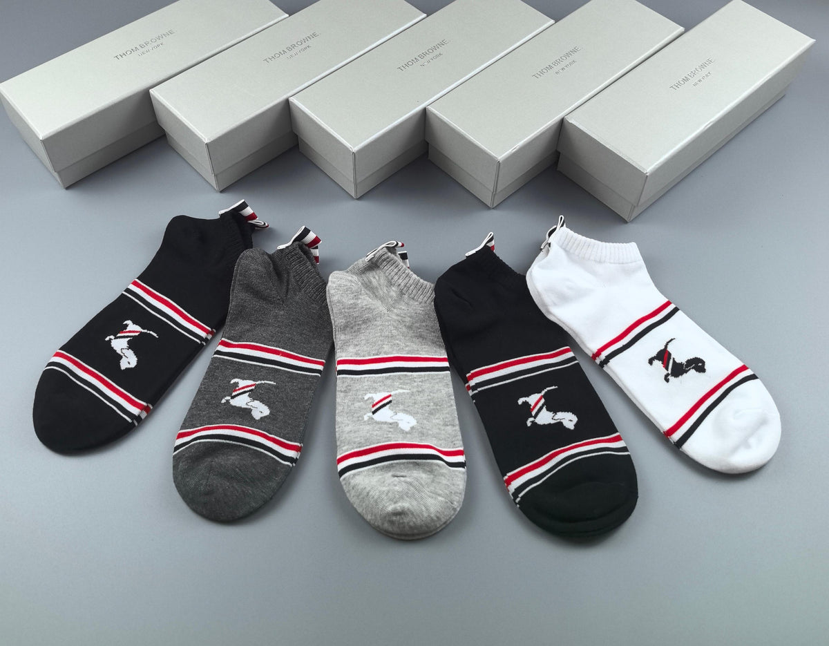 Thom Browne Cotton Visible Branded Cuff Or Emblem Details No-Show Socks - 5-Pair Set