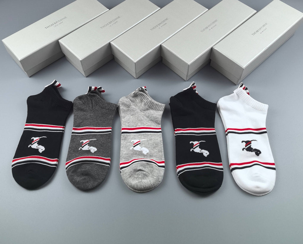 Thom Browne Cotton Visible Branded Cuff Or Emblem Details No-Show Socks - 5-Pair Set