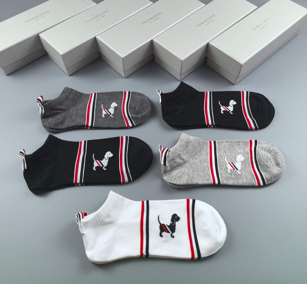 Thom Browne Cotton Visible Branded Cuff Or Emblem Details No-Show Socks - 5-Pair Set