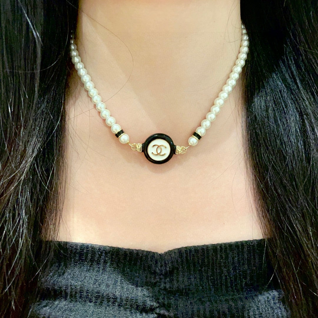Double-C Emblem Pearl-Detail Pendant Necklace – Pearl Detail – Design 046 main product view