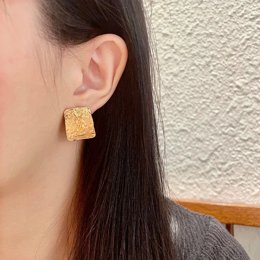 Letter Emblem Stud Earrings in Polished Metal-Tone – Design 008 detail view