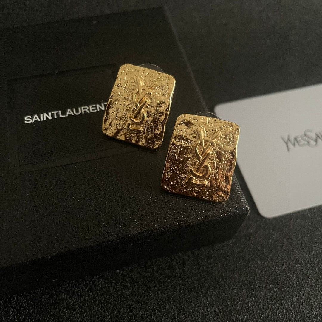 Letter Emblem Stud Earrings in Polished Metal-Tone – Design 008 detail view
