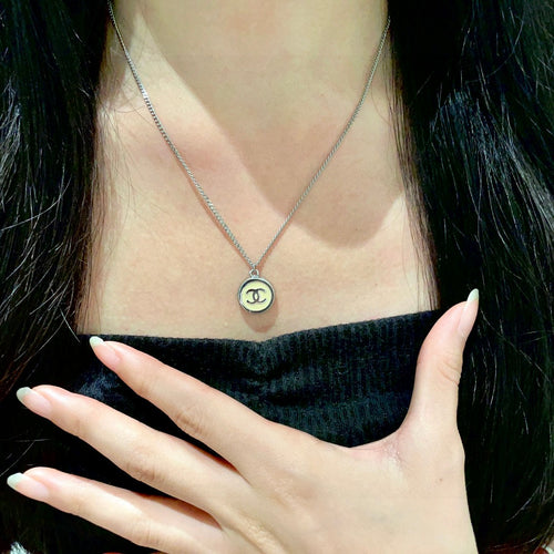 Double-C Emblem Pendant Necklace in Polished Metal-Tone – Design 019 front product view