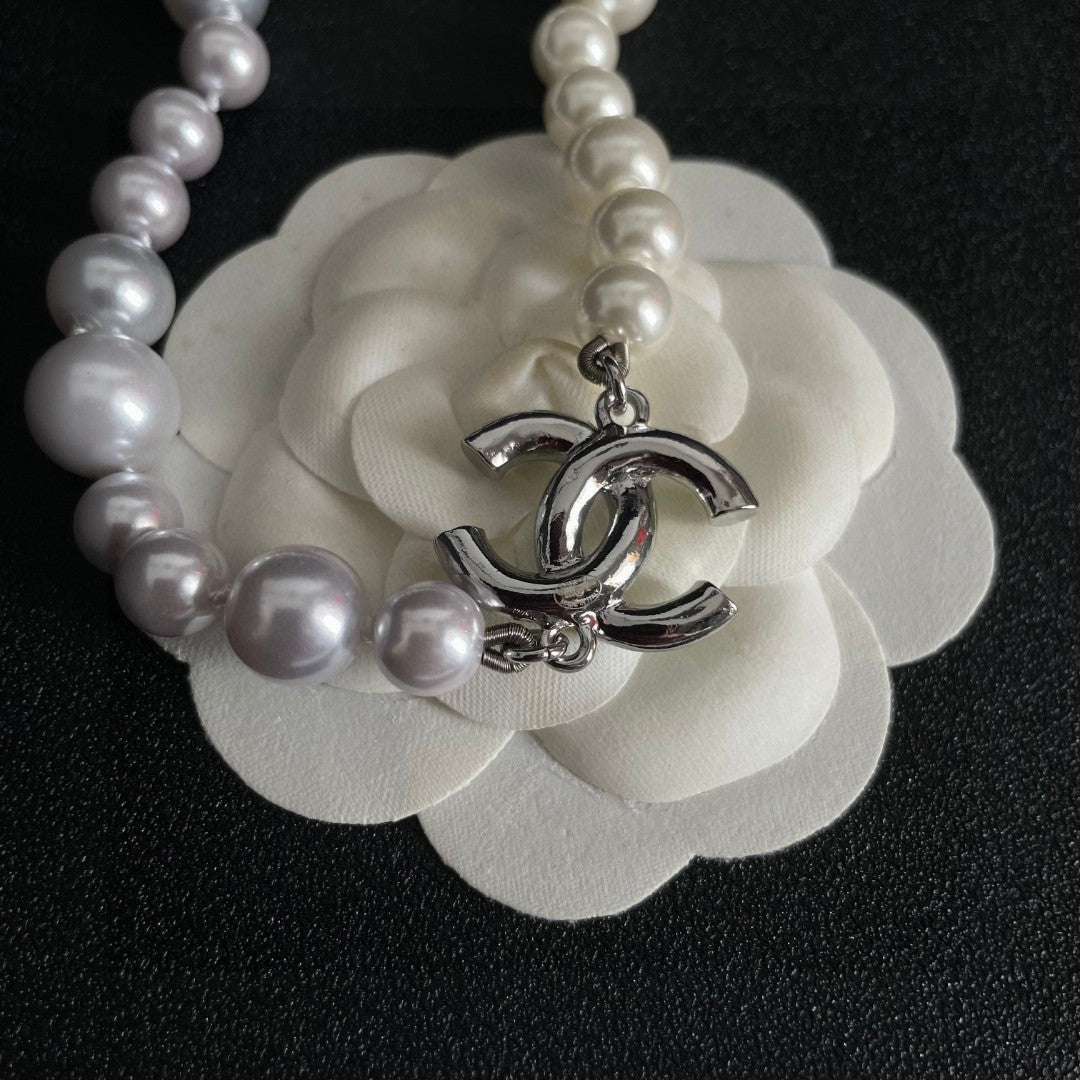 Double-C Emblem Pearl-Detail Pendant Necklace – Pearl Detail – Design 045 front product view