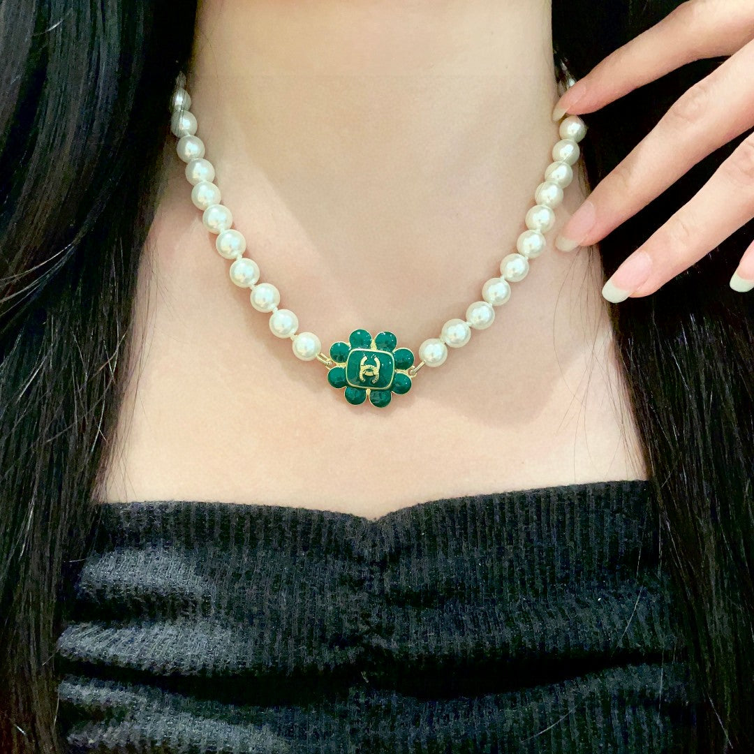 Double-C Emblem Pearl-Detail Pendant Necklace – Pearl Detail – Design 043 main product view