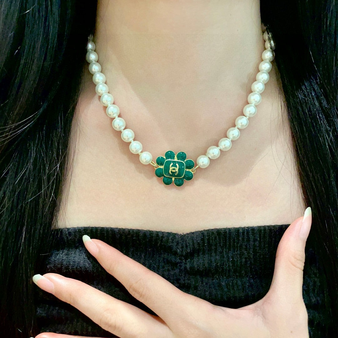 Double-C Emblem Pearl-Detail Pendant Necklace – Pearl Detail – Design 043 front product view