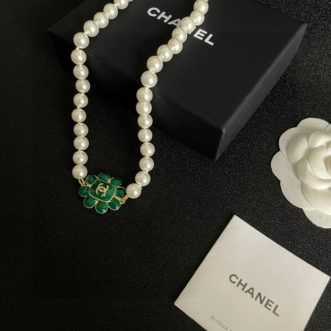 Double-C Emblem Pearl-Detail Pendant Necklace – Pearl Detail – Design 043 styled product view