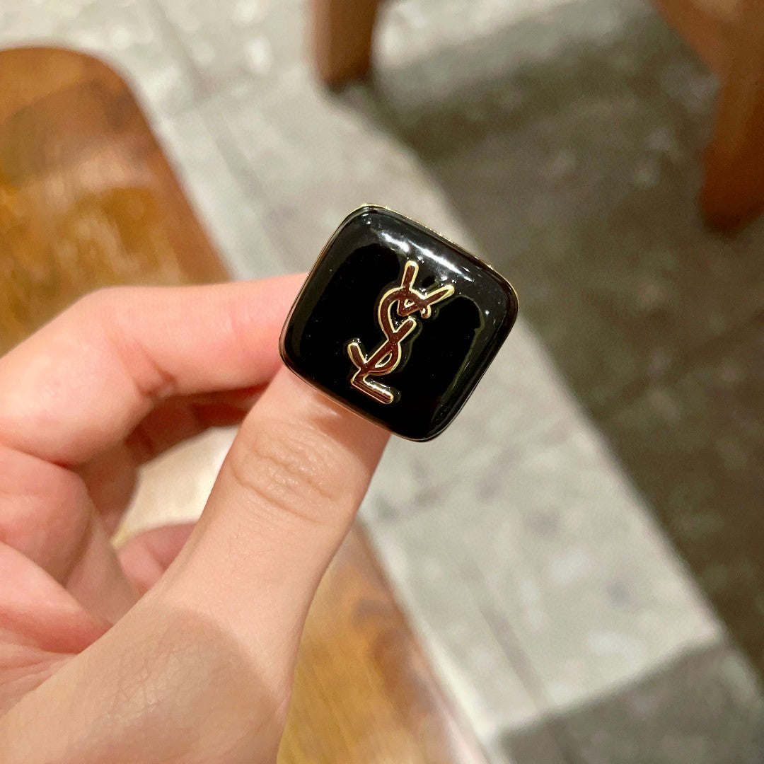 Letter Emblem Statement Ring in Polished Metal-Tone side detail