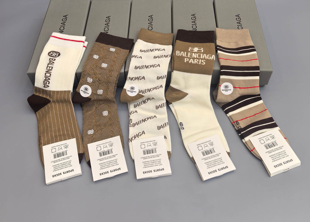 Balenciaga Neutral Print Crew Crew Socks 5-Pair Box Collection
