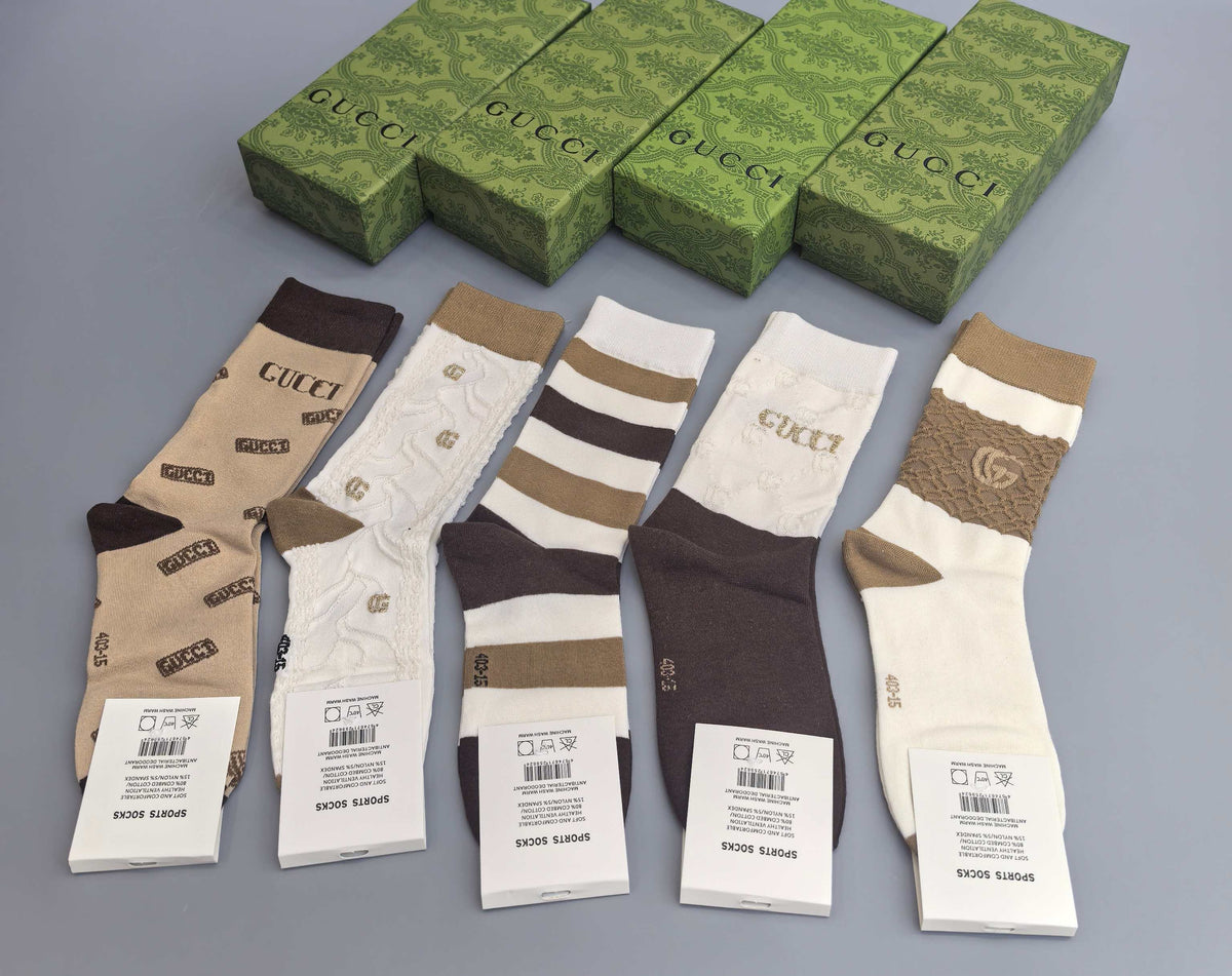 Gucci Neutral Stripe Crew Crew Socks 5-Pair Box Collection