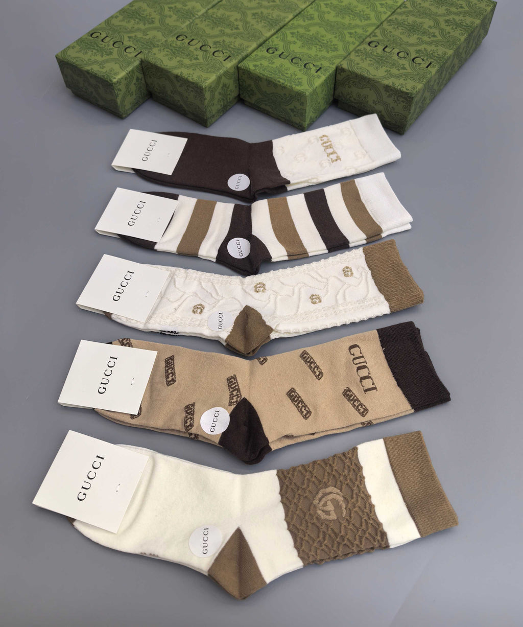 Gucci Neutral Stripe Crew Crew Socks 5-Pair Box Collection