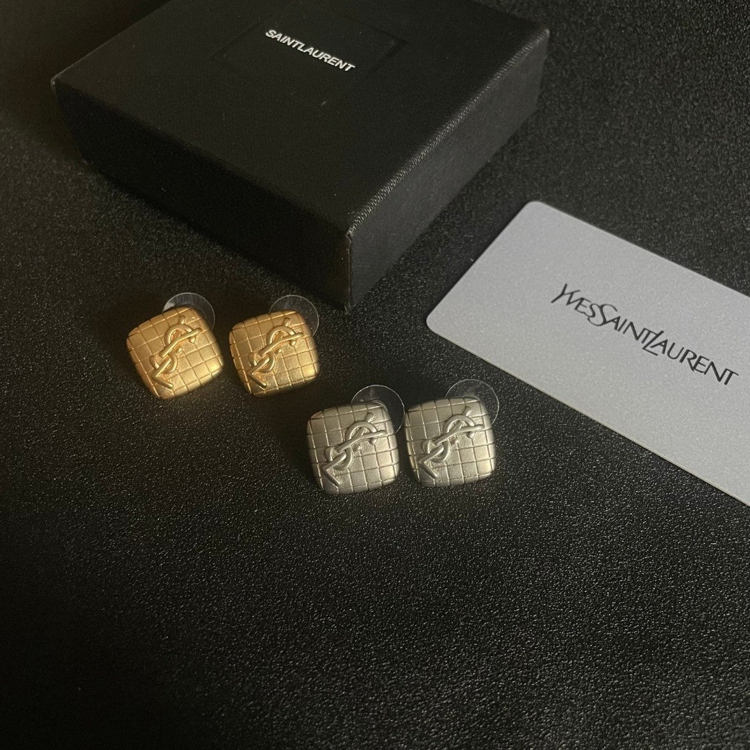 Letter Emblem Stud Earrings in Polished Metal-Tone – Design 007 close-up detail
