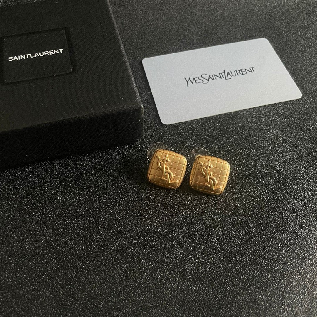 Letter Emblem Stud Earrings in Polished Metal-Tone – Design 007 styled product view