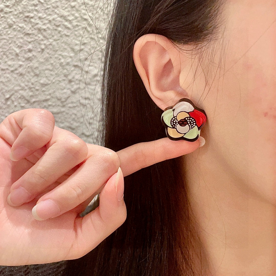 Camellia Stud Earrings in Polished Metal-Tone – Camellia Detail – Design 011 front product view