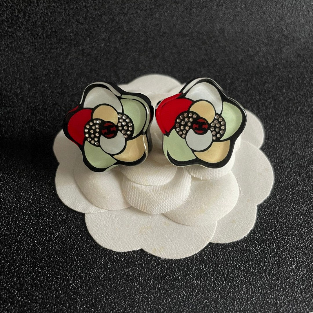 Camellia Stud Earrings in Polished Metal-Tone – Camellia Detail – Design 011 front product view