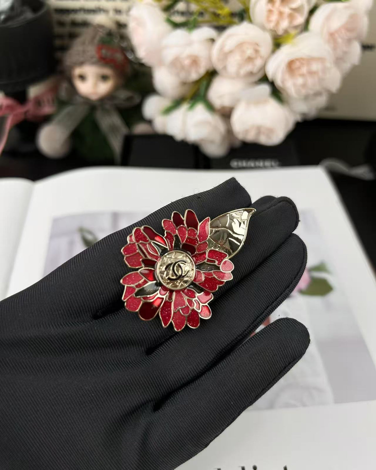 Signature Emblem Brooch in Polished Metal-Tone – Red Detail – Design 002 side detail