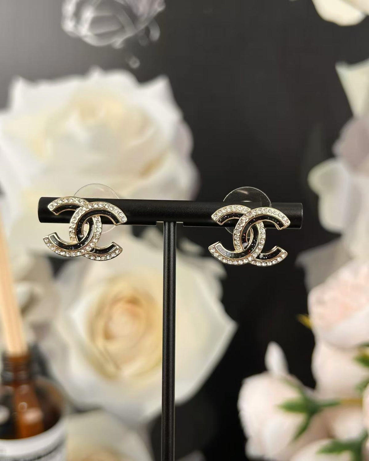 Signature Emblem Crystal-Accent Stud Earrings – Black Detail side detail