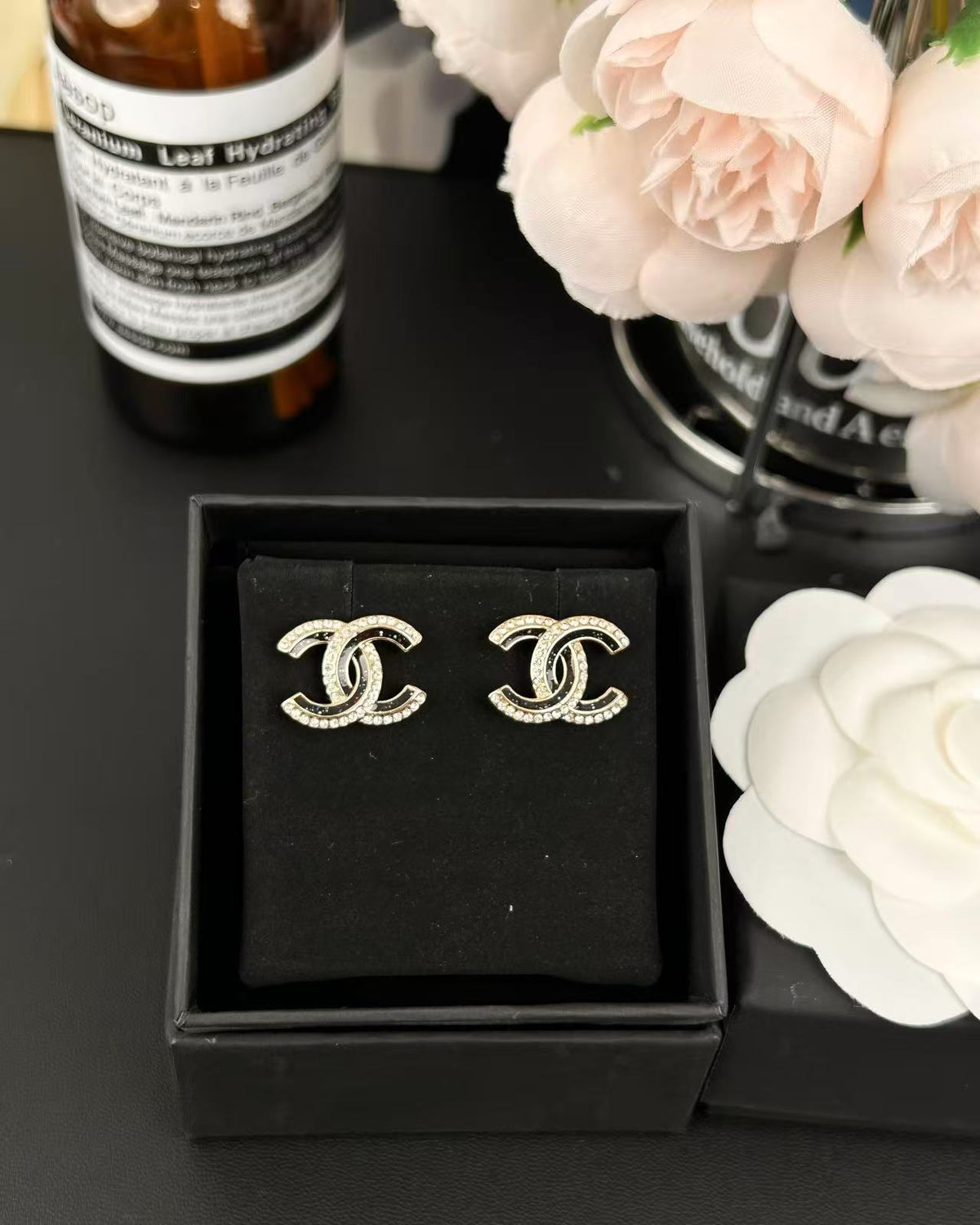 Signature Emblem Crystal-Accent Stud Earrings – Black Detail main product view