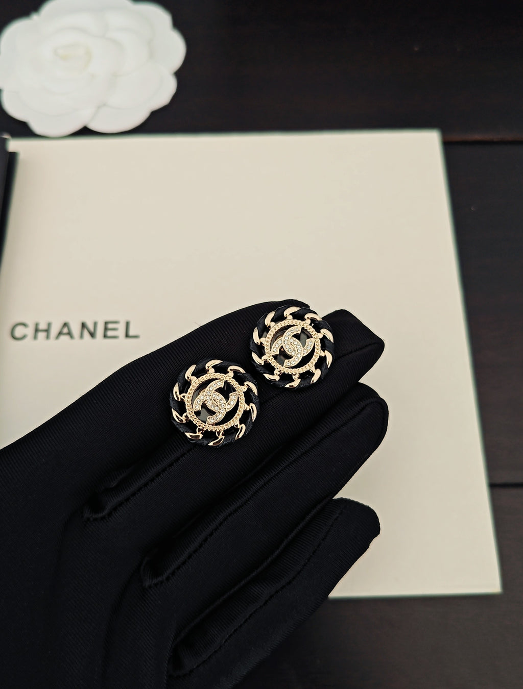 black brass hollow Stud Earrings for women - alternate angle view 3