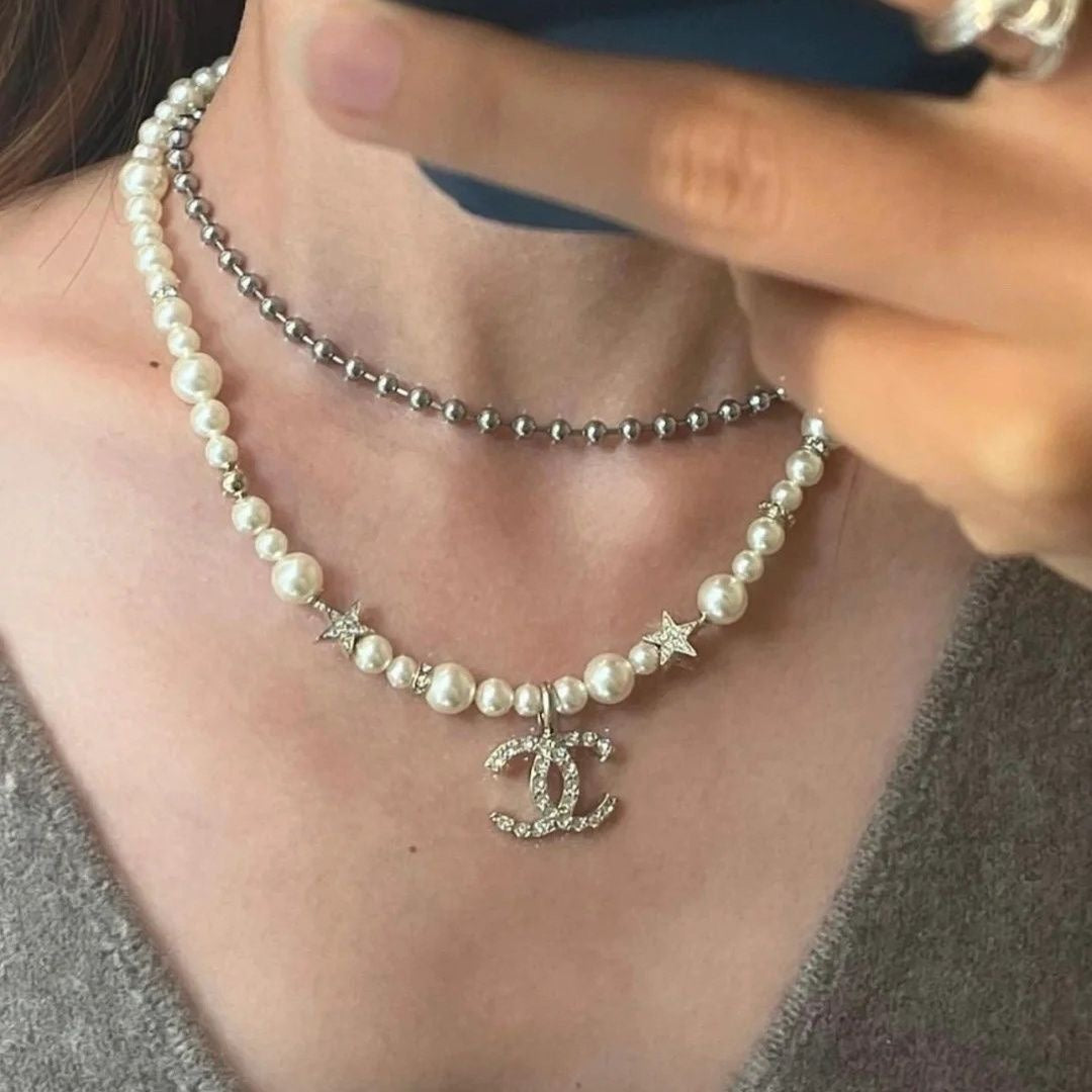 Double-C Emblem Pearl-Detail Pendant Necklace – Pearl Detail – Design 048 styled product view