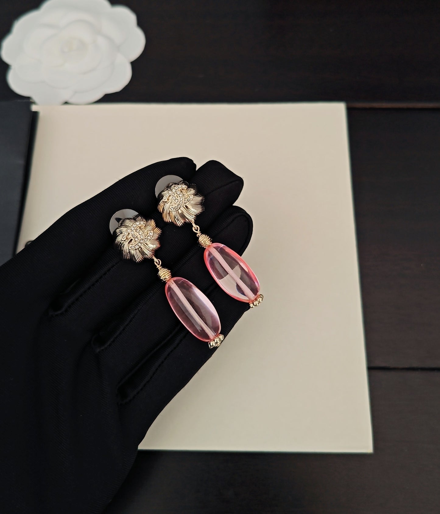 Signature Emblem Statement Earrings in Gold-Tone – Pink Detail main product view
