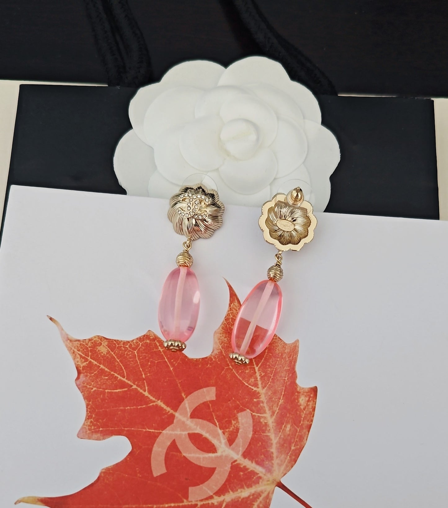 Signature Emblem Statement Earrings in Gold-Tone – Pink Detail detail view