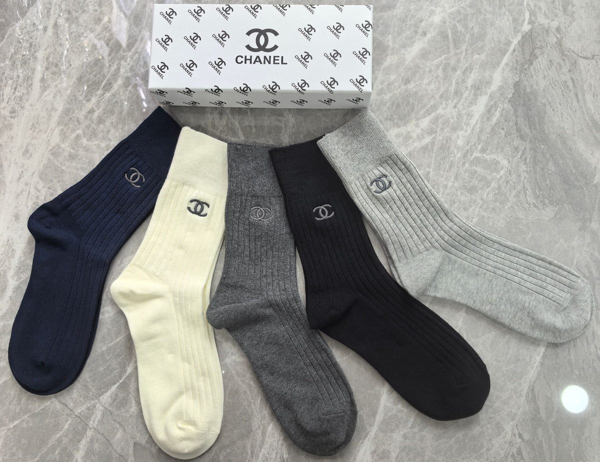 Chanel Cotton Mixed Neutral Logo Detail Crew Socks - 5-Pair Set