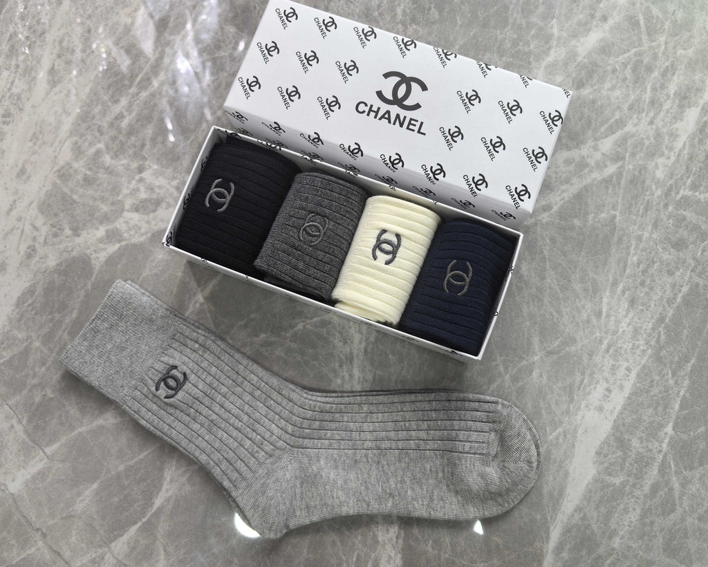 Chanel Cotton Mixed Neutral Logo Detail Crew Socks - 5-Pair Set