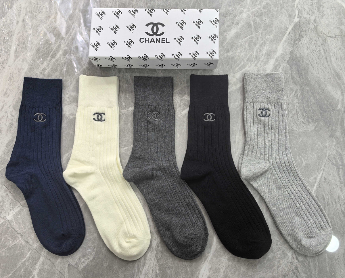 Chanel Cotton Mixed Neutral Logo Detail Crew Socks - 5-Pair Set