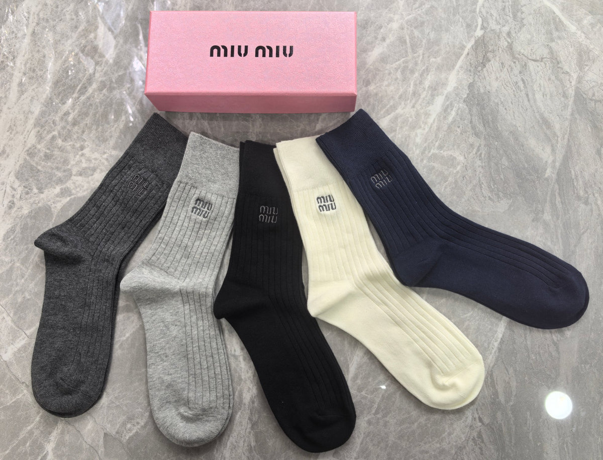 Miu Miu Cotton Mixed Neutral Logo Detail Crew Socks - 5-Pair Set