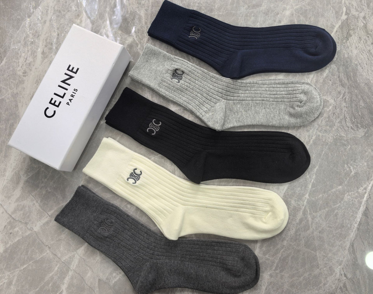Celine Small Initial Details Crew Socks - 5-Pair Set