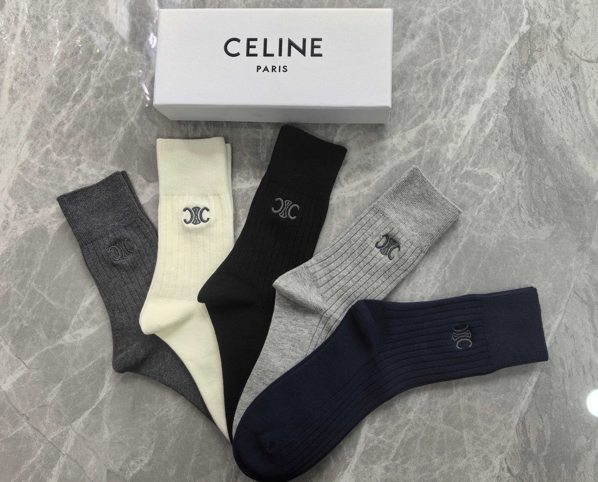 Celine Small Initial Details Crew Socks - 5-Pair Set