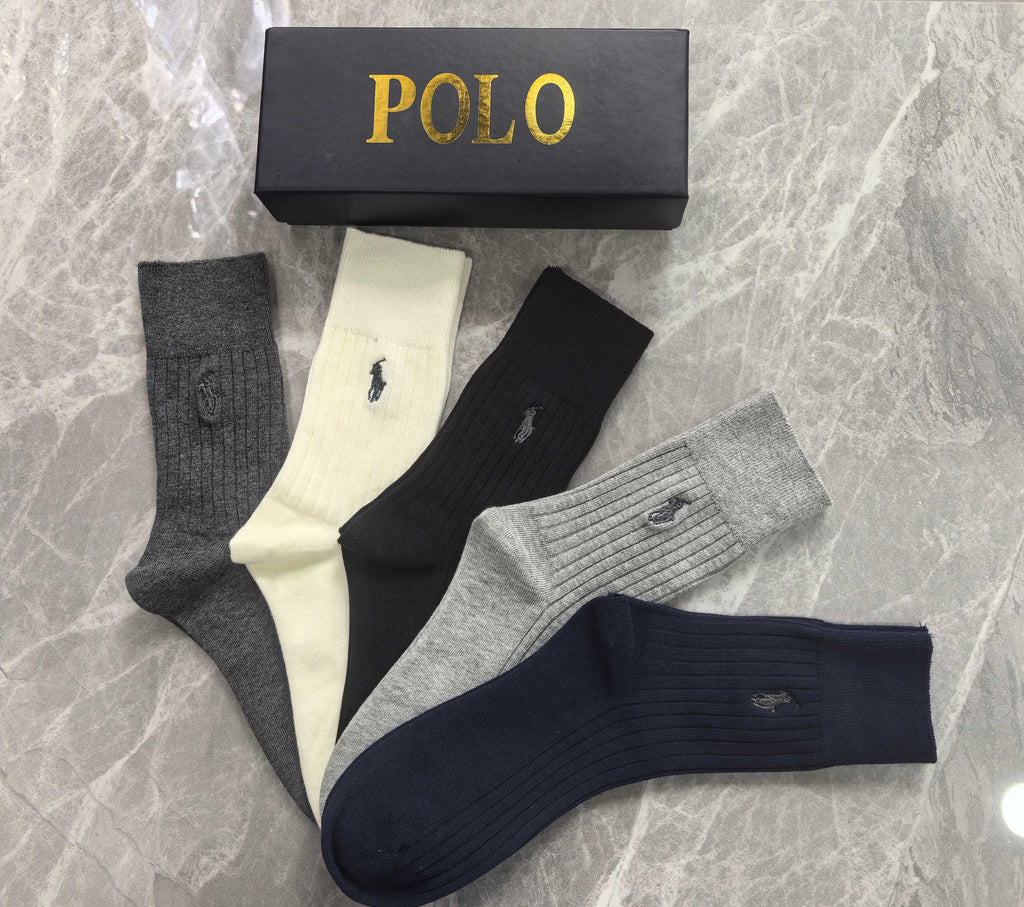 Polo Cotton Mixed Neutral Logo Detail Crew Socks - 5-Pair Set