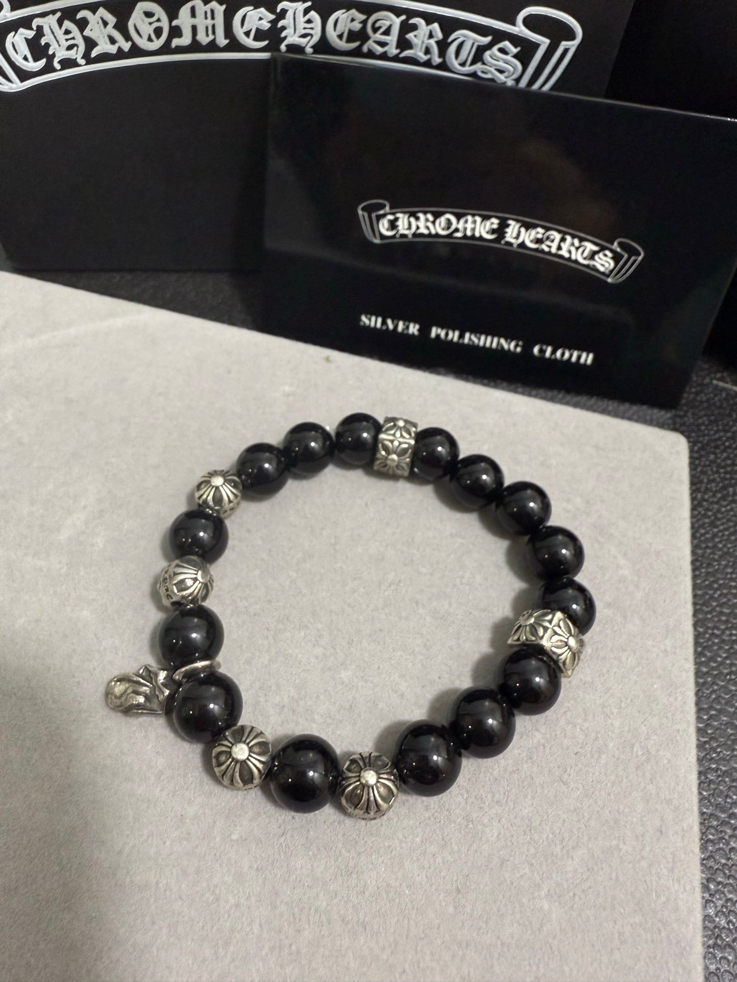 Gothic Emblem Beaded Bracelet in Antique Silver-Tone – Design 26 styled product view