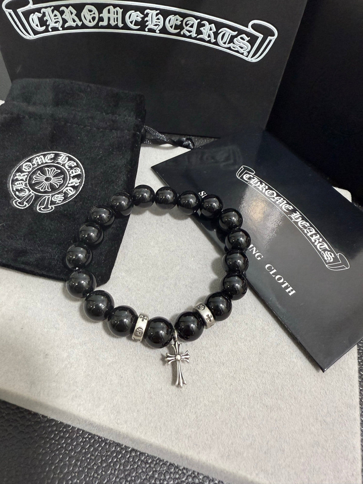 Gothic Emblem Beaded Bracelet in Antique Silver-Tone – Design 35 detail view