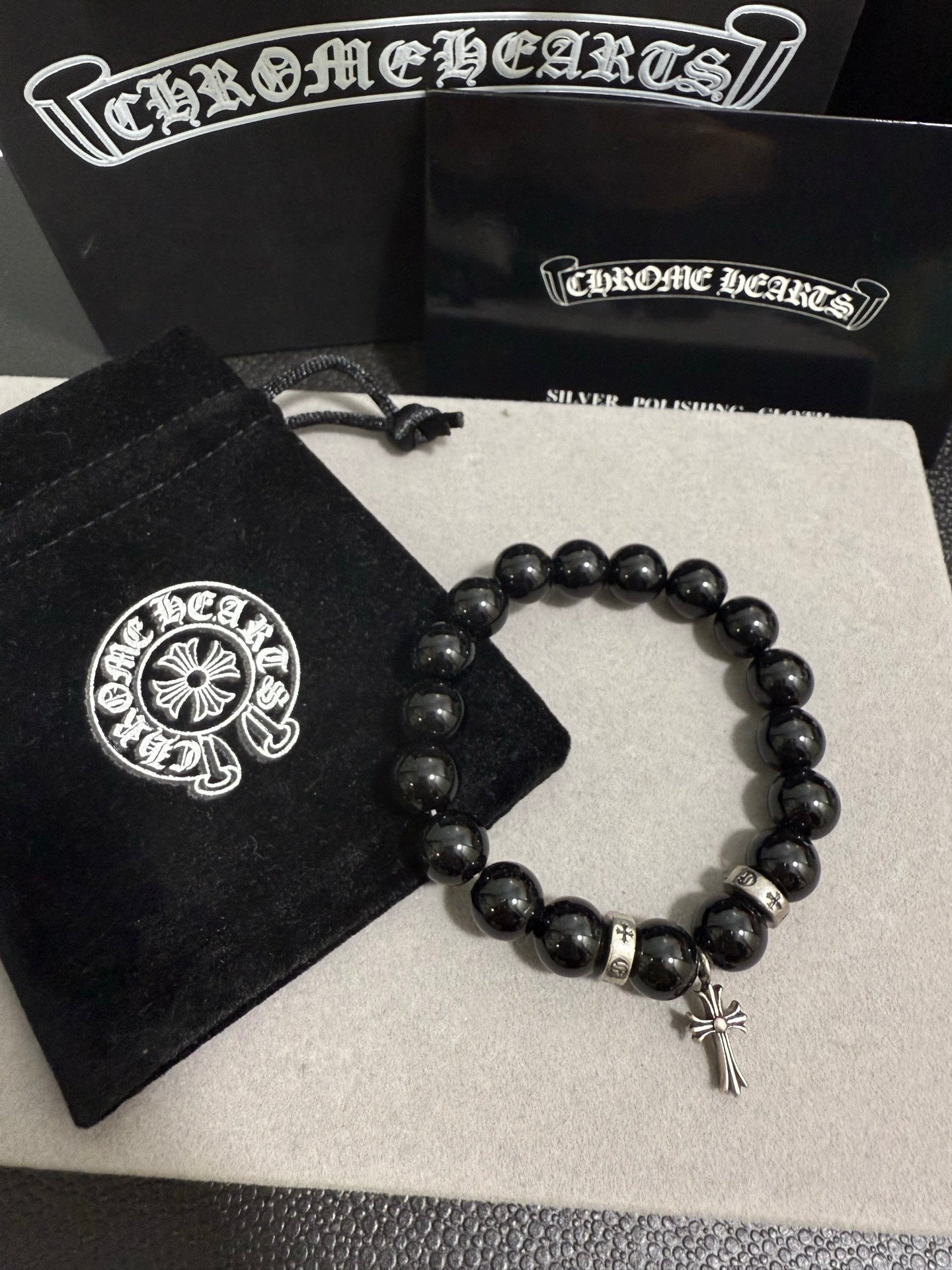 Gothic Emblem Beaded Bracelet in Antique Silver-Tone – Design 35 front product view