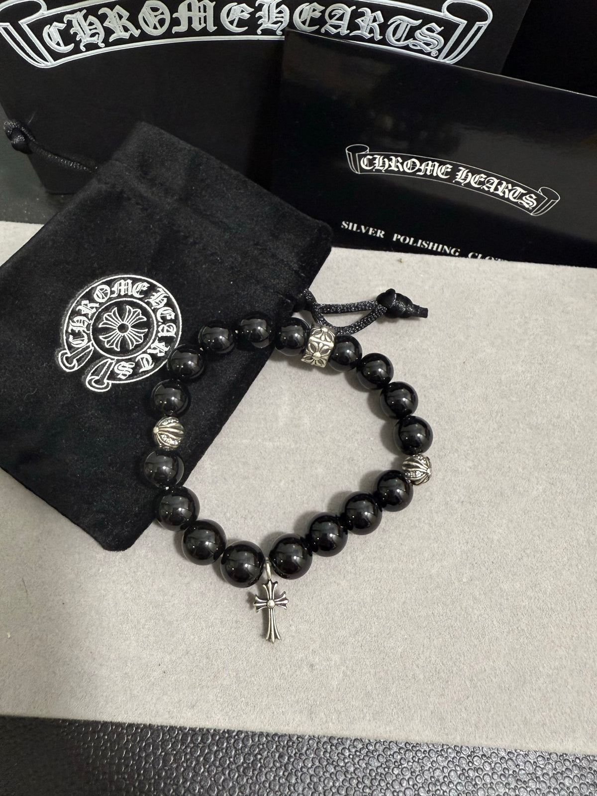 Gothic Emblem Beaded Bracelet in Antique Silver-Tone – Design 27 detail view