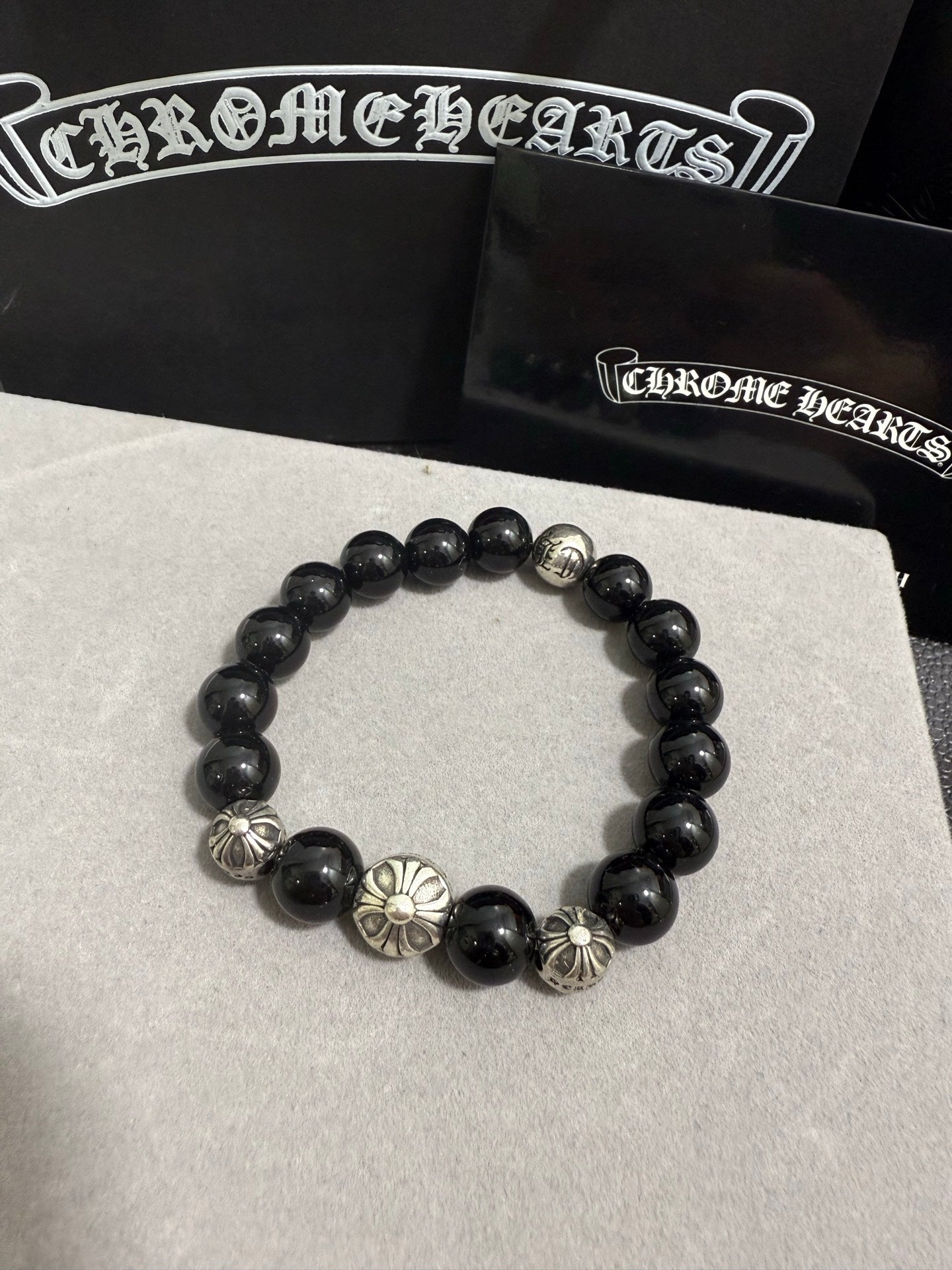 Gothic Emblem Beaded Bracelet in Antique Silver-Tone – Design 28 front product view