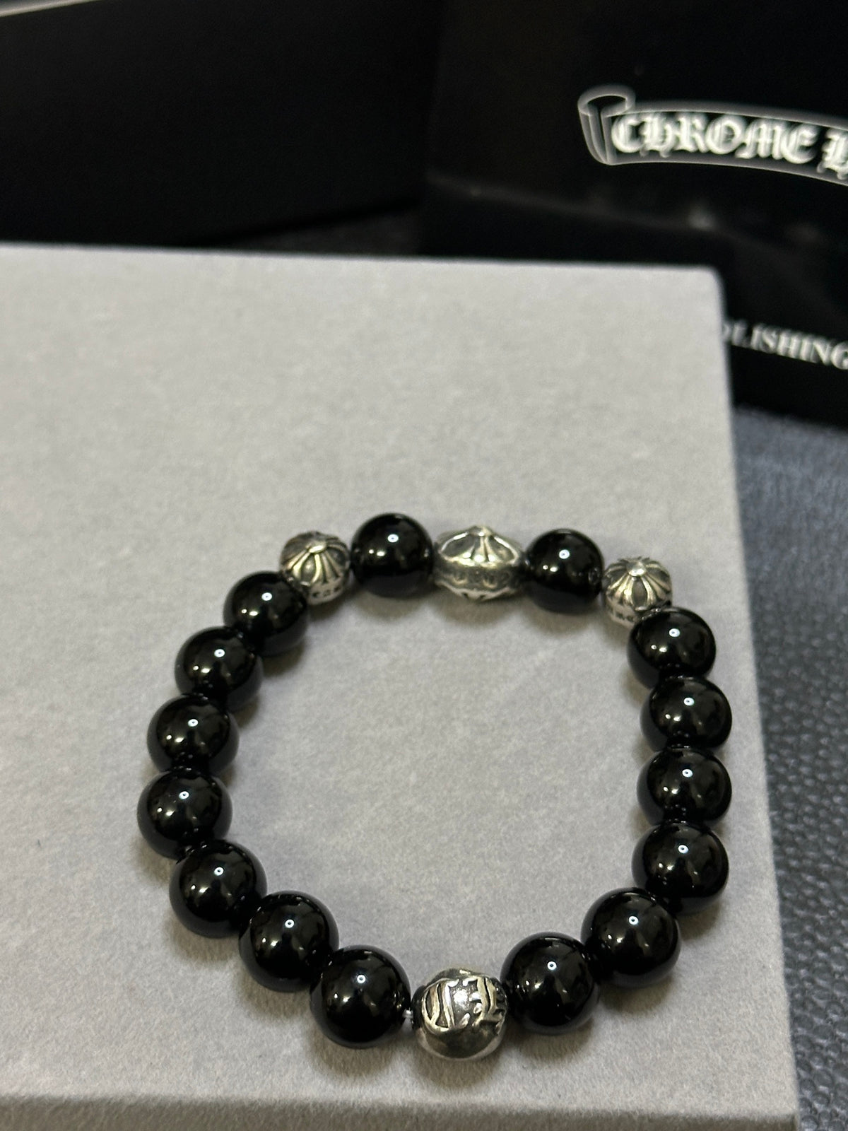 Gothic Emblem Beaded Bracelet in Antique Silver-Tone – Design 28 styled product view